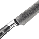 Close-up of the Messermeister Avanta Damascus Carving Set—2 Piece, featuring a chef’s knife with a dark wood handle and a wavy Damascus-patterned VG10 Japanese stainless steel blade, displayed on a white background.