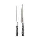 The Messermeister Avanta Damascus Carving Set - 2 Piece features a VG10 Japanese stainless steel knife and fork with black and gray wooden handles, side by side on a white background.