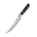 The Messermeister Avanta Damascus Fine Edge Steak Knife Set (4 Piece) features Japanese Damascus stainless steel blades with a patterned design and black ergonomic handles with two rivets, shown on a white background.