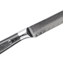 Close-up of a Messermeister Avanta Damascus Fine Edge Steak Knife, featuring a dark wooden handle and patterned, shiny Japanese Damascus stainless steel blade, shown against a plain white background. Part of the 4-piece set by Messermeister.