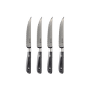 Four Messermeister Avanta Damascus Fine Edge Steak Knives with patterned silver blades and black handles are arranged vertically in a row against a plain white background.