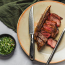 A beige plate holds sliced medium-rare steak and a Messermeister Avanta Damascus Fine Edge Steak Knife from the 4-piece set. A bowl of green chimichurri sauce is nearby on a white surface with a green napkin.