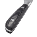 Close-up of the Messermeister Avanta Damascus Starter Set 3-piece chef’s knife handle, featuring dark polished wood with two metal rivets and a silver end cap, highlighting premium craftsmanship against a white background.
