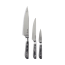 The Messermeister Avanta Damascus Starter Set - 3 Piece features three knives of varying sizes with VG10 Japanese stainless steel blades and sleek black handles, arranged vertically on a plain white background.