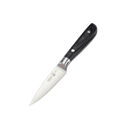 The Messermeister Avanta Damascus Starter Set - 3 Piece by Messermeister features a sharp, pointed VG10 Japanese stainless steel paring knife with a black handle and two silver rivets—ideal for complementing your chef’s or Damascus knife set.