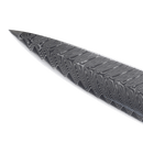 Close-up of the Messermeister Avanta Damascus Starter Set chef’s knife blade, displaying its signature wavy Damascus steel pattern against a white background.