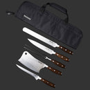 The Messermeister Avanta Forged Pro BBQ Knife Set - 6 Piece includes a black roll bag and five high-carbon stainless steel knives with wood handles: bread knife, carving knife, meat fork, cleaver, and chef’s knife—ideal for grill and BBQ fans.