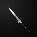 The Messermeister Avanta Forged Pro BBQ Knife Set - 6 Piece features sharp, high-carbon stainless steel blades and dark brown wooden handles—perfect for grill masters. From Messermeister. Displayed on a solid black background.