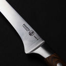 Close-up of the Messermeister Avanta Forged Pro BBQ Knife Set – 6 Piece, featuring high-carbon stainless steel blades and wooden handles, perfect for grill masters and BBQ enthusiasts. Brand name “Messermeister” visible on the blade against a black background.