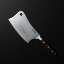 The Messermeister Avanta Forged Pro BBQ Knife Set - 6 Piece includes a high-carbon stainless steel meat cleaver with a wooden handle and top-corner hole—an essential grilling tool for any BBQ master.