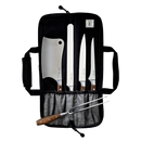 The Messermeister Avanta Forged Pro BBQ Knife Set - 6 Piece showcases high-carbon stainless steel tools—meat cleaver, serrated, and carving knives plus fork—all with wooden handles, neatly organized in a black roll bag for grill masters.
