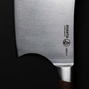Close-up of a Messermeister Avanta Forged Pro BBQ Knife Set blade, a stainless steel knife for grill masters. The knife’s blade and handle are shown on a black background, featuring the Messermeister logo and serial number.