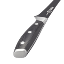 Close-up of the Messermeister Avanta Kendrick BBQ Fillet Knife - 7" by Messermeister, featuring a dark wooden handle with three metal rivets and a shiny butt, made from German stainless steel, on a plain white background.