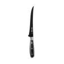 The Messermeister Avanta Kendrick BBQ Fillet Knife - 7", featuring a black German stainless steel blade and a three-rivet curved handle, is displayed elegantly on a plain white background.