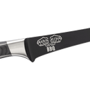 Close-up of the Messermeister Avanta Kendrick BBQ Fillet Knife - 7" blade, featuring “KEND BLOCK BBQ” and fist graphics in white. Crafted from German stainless steel; the black handle is partly visible on the left.