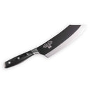 The Messermeister Avanta Kendrick BBQ Knife - 8" features a black handle with three rivets and a wide, curved German X50 stainless steel blade engraved with Wild Game BBQ, all set against a white background.