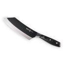 The Messermeister Avanta Kendrick BBQ Knife - 8" features a wide, curved German X50 stainless steel blade with a shiny finish, a black handle accented by three silver rivets, and the Messermeister logo near the handle.