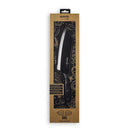 The Messermeister Avanta Kendrick BBQ Knife - 8" is shown in a box with a clear window, revealing its black handle and German X50 stainless steel blade, with decorative branding and illustrations on the packaging.