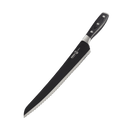 The Messermeister Avanta Kendrick BBQ Scalloped Brisket Knife - 10" features a scalloped blade made from German stainless steel and a black handle, displayed on a plain white background.