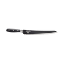 The Messermeister Avanta Kendrick BBQ Scalloped Brisket Knife - 10" features a black triple-riveted handle and German stainless steel blade, displayed on a plain white background, with the Messermeister logo on the blade.