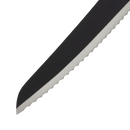 Close-up of the Messermeister Avanta Kendrick BBQ Scalloped Brisket Knife - 10" blade with a black handle, showing its jagged edge and sharp tip made from German stainless steel against a plain white background.