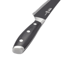 A close-up of the Messermeister Avanta Kendrick BBQ Scalloped Brisket Knife - 10" shows its black handle with three metal rivets and a scalloped German stainless steel blade, photographed against a plain white background.