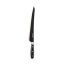 The Messermeister Avanta Kendrick BBQ Scalloped Brisket Knife - 10" features a black triple-riveted handle and a long, narrow German stainless steel blade. It is photographed on a plain white background.