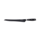 The Messermeister Avanta Kendrick BBQ Scalloped Brisket Knife - 10" features a black German stainless steel blade and a black triple-riveted handle, shown against a plain white background.