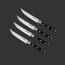 The Messermeister Avanta Steak Knife Set - 4 Piece features high-carbon stainless steel blades and ergonomic triple-riveted black handles, arranged diagonally on a dark gray background.