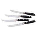 The Messermeister Avanta Steak Knife Set includes four high-carbon stainless steel knives with silver blades and black triple-riveted ergonomic handles, arranged slightly overlapping and horizontally on a white background.