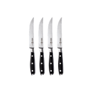 The Messermeister Avanta Steak Knife Set - 4 Piece features four identical steak knives with high-carbon stainless steel blades and black ergonomic handles, each with three silver rivets, arranged side by side on a plain white background.