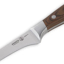 Close-up of the Messermeister Avanta Pakkawood Flexible Boning Knife - 7" with a stainless steel blade and pakkawood handle, engraved with the AVANTA logo—perfect for precision deboning.