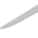 Close-up of the pointed tip of the Messermeister Avanta Pakkawood 7" Flexible Boning Knife blade against a white background, highlighting its precise, metallic design for expert deboning.