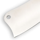 Close-up of the Messermeister Avanta Pakkawood Heavy Cleaver - 7", a heavy-duty cleaver by Messermeister featuring a stainless steel blade with a hole near the top corner, shown against a white background.