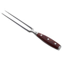 The Messermeister Avanta Pakkawood Kullens Carving Set - 2 Piece features a stainless steel carving fork with two long tines and a polished wooden handle, secured by three metal rivets, shown on a white background.