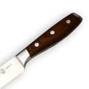 Close-up of the Messermeister Avanta Pakkawood Scalloped Slicer - 10", featuring a dark Pakkawood handle with three rivets and a partial view of its serrated stainless steel blade, set against a white background.