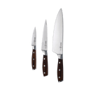 The Messermeister Avanta Pakkawood Starter Set - 3 Piece features three high-carbon stainless steel knives with ergonomic pakkawood handles—an ideal set by Messermeister for any kitchen, displayed side by side on a plain white background.