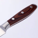 Close-up of a Messermeister Avanta Pakkawood Steak Knife handle, crafted from polished dark pakkawood with three metal rivets and a fine-edge stainless steel blade, set against a plain light background.