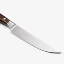 The Messermeister Avanta Smoked Teak Steak Knife Set (4 Piece) features sharp high-carbon stainless steel blades and elegant teak wood handles, shown isolated on a white background.