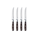 The Messermeister Avanta Smoked Teak Steak Knife Set - 4 Piece features four steak knives with smoked teak handles and high-carbon stainless steel blades, shown upright in a row on a plain light gray background.