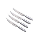 The Messermeister Avanta Stainless Fine Edge Steak Knife Set (4 Piece) features four identical steakhouse-quality knives with smooth silver handles, arranged diagonally on a white background for a sleek, precision-crafted look.