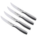 Four Messermeister Avanta Stainless Fine Edge Steak Knives with smooth silver handles are arranged diagonally on a white background, highlighting this premium 4-piece steak knife set from Messermeister.