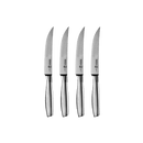 The Messermeister Avanta Stainless Fine Edge Steak Knife Set - 4 Piece by Messermeister features four sleek, silver-handled steak knives displayed side by side on a light gray background, highlighting steakhouse quality for your table.