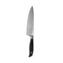 The Messermeister Blacksmith Chef's Knife - 8", featuring a German stainless steel blade and a sleek black ergonomic handle, is displayed vertically against a plain white background.