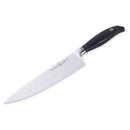 The Messermeister Blacksmith Next Level Block Set - 5 Piece by Messermeister features high-carbon stainless steel knives with sharp blades and black ergonomic handles, ideal for any kitchen, shown diagonally on a white background.