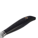 Close-up of a Messermeister Blacksmith Kullens Carving Knife - 9" handle, featuring smooth dark wood and a visible metal screw near the end. The German stainless steel blade is partially shown on the left.
