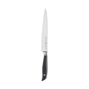 The Messermeister Blacksmith Kullens Carving Knife - 9" features a long, narrow German stainless steel blade with dimples and a black ergonomic handle, shown on a plain light gray background.