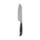The Messermeister Blacksmith Kullens Santoku Knife - 6.5", featuring a German stainless steel blade with indentations and a black handle, is displayed on a plain white background.