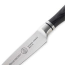 A close-up of the Messermeister Blacksmith Paring Knife - 3.5" showcases the sharp stainless steel blade with engraved branding and "Made in Solingen, Germany" text, along with its sleek black handle.