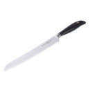 The Messermeister Blacksmith Next Level Block Set - 5 Piece includes a serrated bread knife with a long, silver high-carbon stainless steel blade and a black handle, shown on a white background.